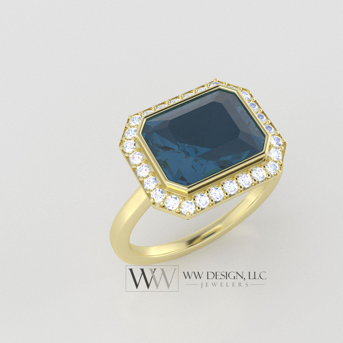 Genuine 4.25ct London Blue Topaz East West Emerald Shaped Ring with 0.28ctw Diamond Halo - 14k 18k Gold (Y, R,W) Platinum