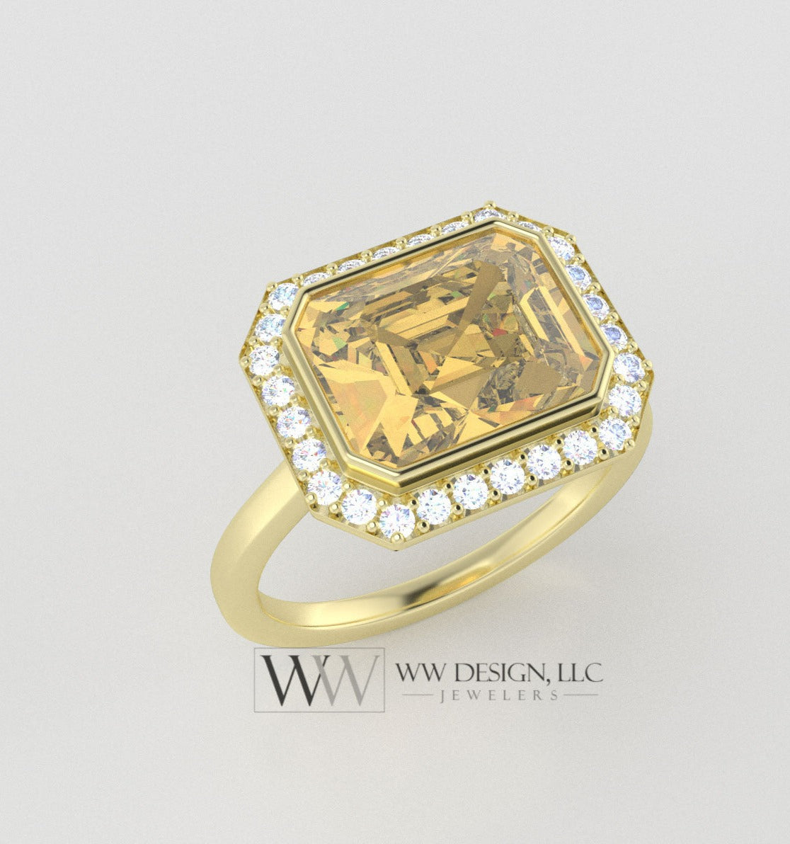 Genuine 3.15ct Citrine East West Emerald Shaped Ring with 0.28ctw Diamond Halo - 14k 18k Gold (Y, R,W) Platinum - ww design llc 1
