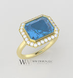 Genuine 4.25 Swiss Blue Topaz East West Emerald Shaped Ring with 0.28ctw Diamond Halo - 14k 18k Gold (Y, R,W) Platinum