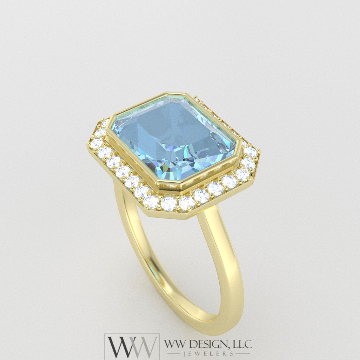 Genuine 4.25ct Sky Blue Topaz East West Emerald Shaped Ring with 0.28ctw Diamond Halo - 14k 18k Gold (Y, R,W) Platinum