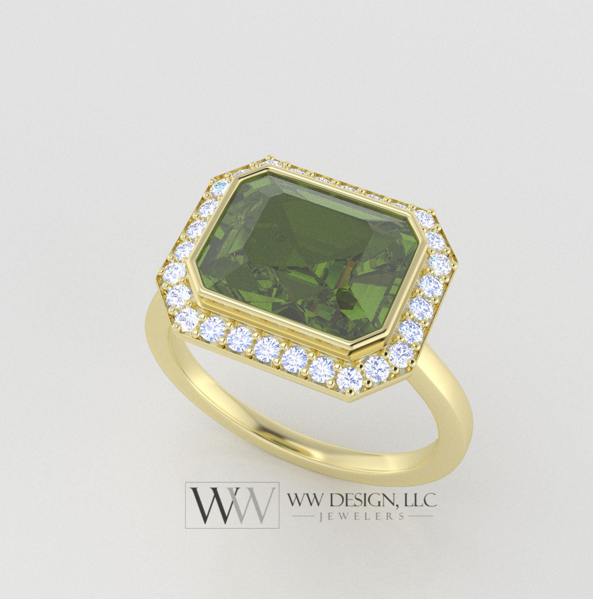 Genuine 3.65ct Peridot East West Emerald Shaped Ring with 0.28ctw Diamond Halo - 14k 18k Gold (Y, R,W) Platinum - ww design llc