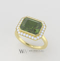 Genuine 3.65ct Peridot East West Emerald Shaped Ring with 0.28ctw Diamond Halo - 14k 18k Gold (Y, R,W) Platinum - ww design llc