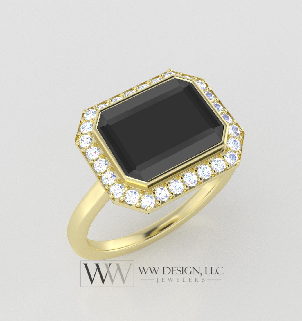 Genuine Onyx East West Emerald Shaped Ring with 0.28ctw Diamond Halo - 14k 18k Gold (Y, R,W) Platinum