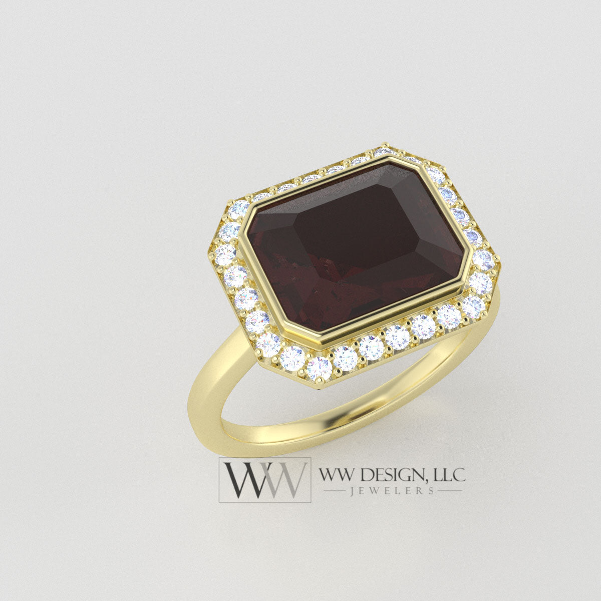 Genuine 4ct Mozambique Garnet East West Emerald Shaped Ring with 0.28ctw Diamond Halo - 14k 18k Gold (Y, R,W) Platinum