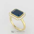 Genuine 4.25ct London Blue Topaz East West Emerald Shaped Ring with 0.28ctw Diamond Halo - 14k 18k Gold (Y, R,W) Platinum