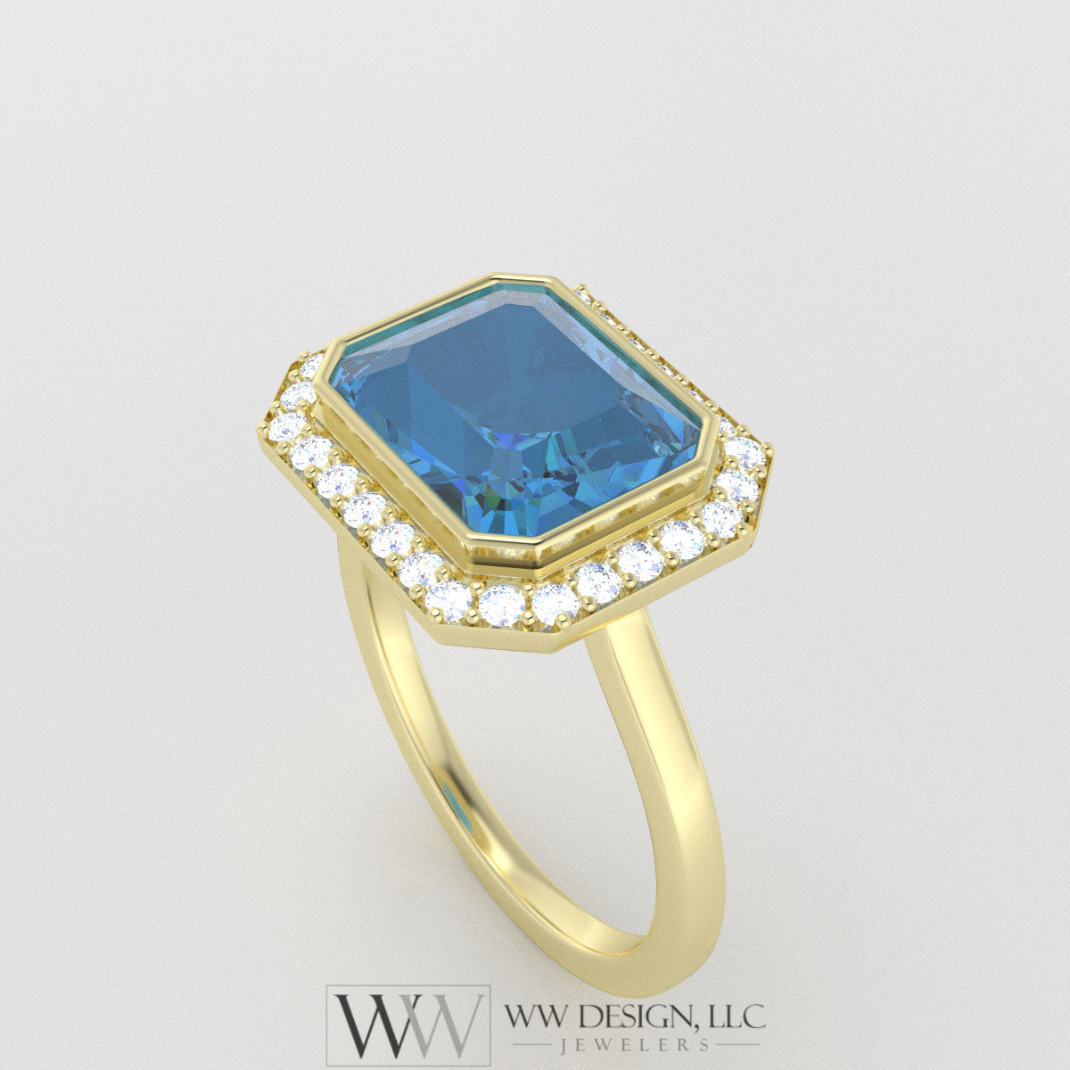 Genuine 4.25 Swiss Blue Topaz East West Emerald Shaped Ring with 0.28ctw Diamond Halo - 14k 18k Gold (Y, R,W) Platinum