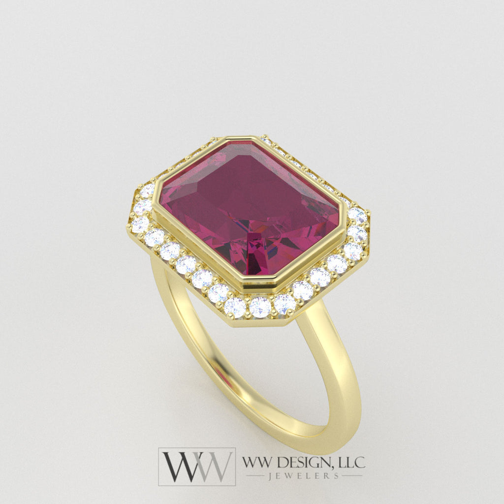 Genuine 4.25ct Pink Mystic Topaz East West Emerald Shaped Ring with 0.28ctw Diamond Halo - 14k 18k Gold (Y, R,W) Platinum