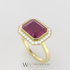 Genuine 4.25ct Pink Mystic Topaz East West Emerald Shaped Ring with 0.28ctw Diamond Halo - 14k 18k Gold (Y, R,W) Platinum