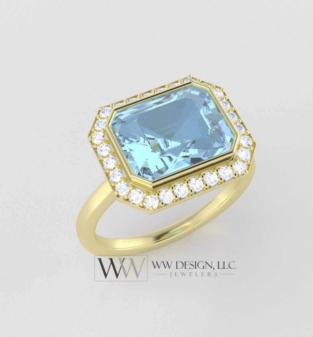 Genuine 4.25ct Sky Blue Topaz East West Emerald Shaped Ring with 0.28ctw Diamond Halo - 14k 18k Gold (Y, R,W) Platinum