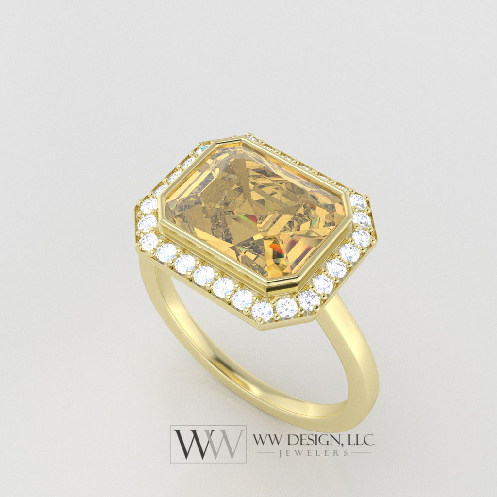 Genuine 3.15ct Citrine East West Emerald Shaped Ring with 0.28ctw Diamond Halo - 14k 18k Gold (Y, R,W) Platinum - ww design llc 1