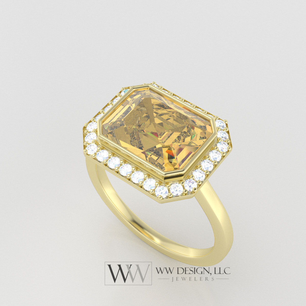 Genuine 3.15ct Citrine East West Emerald Shaped Ring with 0.28ctw Diamond Halo - 14k 18k Gold (Y, R,W) Platinum - ww design llc 1