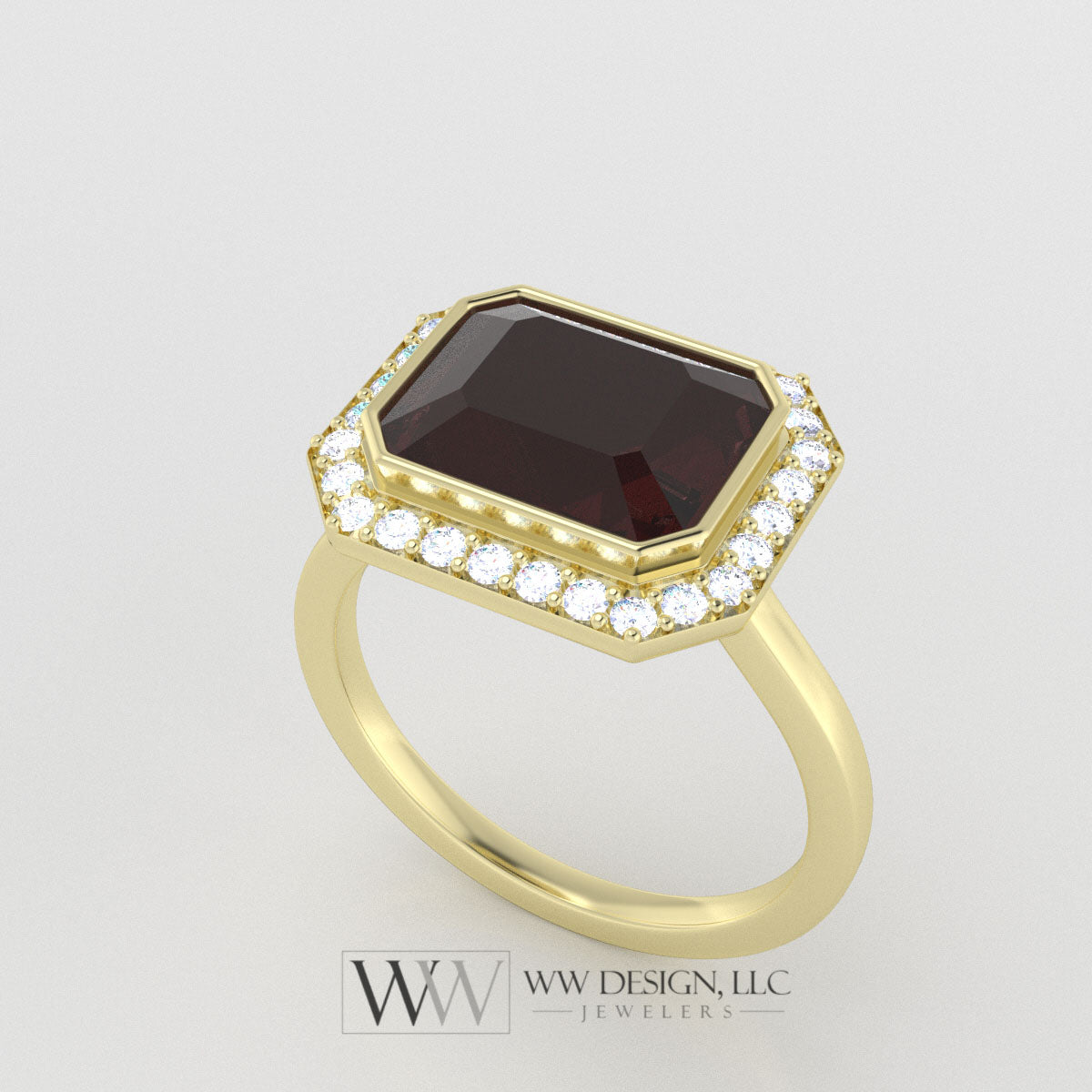 Genuine 4ct Mozambique Garnet East West Emerald Shaped Ring with 0.28ctw Diamond Halo - 14k 18k Gold (Y, R,W) Platinum