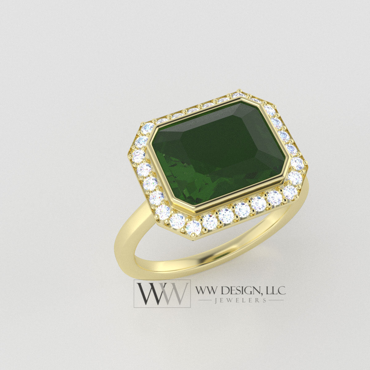 Green Tourmaline 3.3ct East West Emerald Shaped Ring with 0.28ctw Diamond Halo - 14k 18k Gold (Y, R,W) Platinum