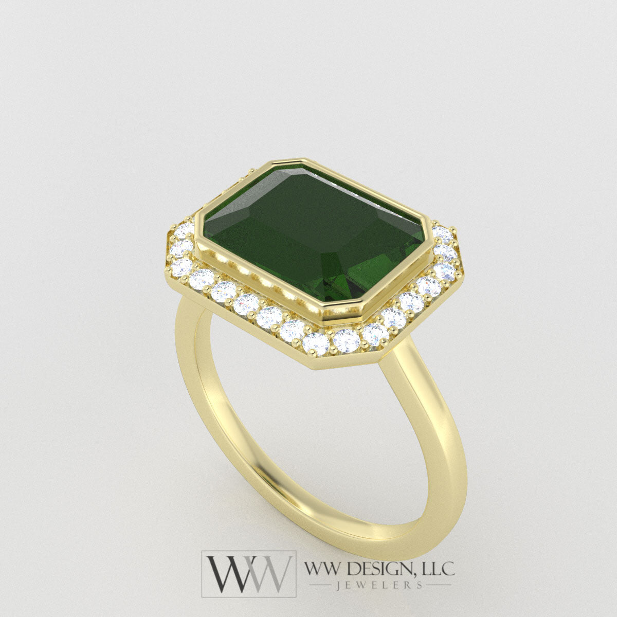 Green Tourmaline 3.3ct East West Emerald Shaped Ring with 0.28ctw Diamond Halo - 14k 18k Gold (Y, R,W) Platinum