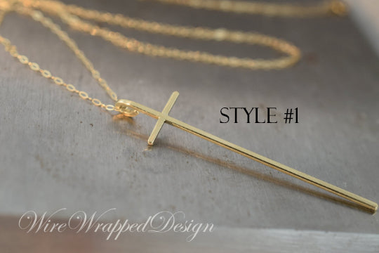 Minimalist Long CROSS Necklace - Customize- Sterling Silver or 14k Solid Gold (Yellow, White or Rose) - Celebrity Style of Nene Leakes RHOA, KTG Kathy Lee Gifford, Chenoweth, Kathie Lee Gifford