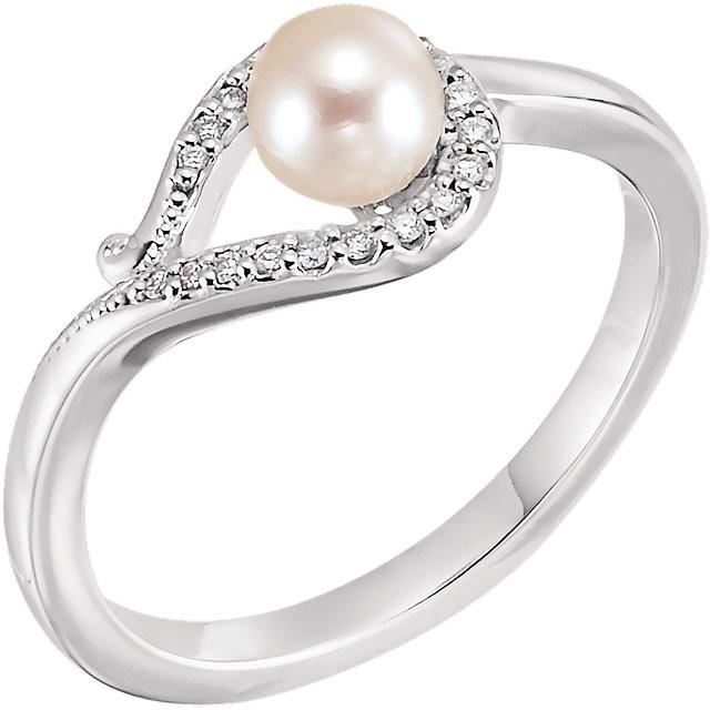 Freshwater Cultured Pearl & .07 CTW Diamond Bypass Ring - 14k Gold (Y, W or R), Platinum, Sterling Silver