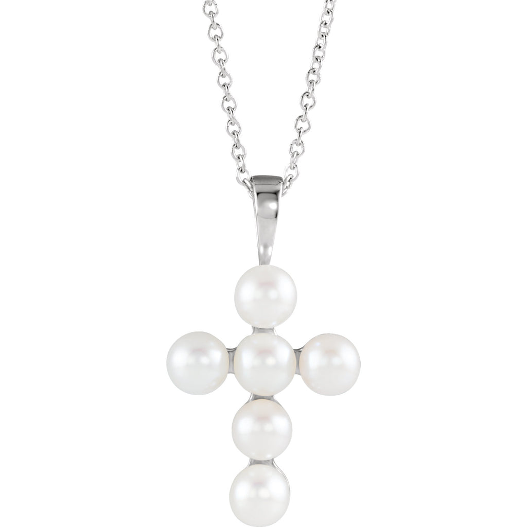 Freshwater Cultured Pearl Cross 16-18" Necklace - 14k Gold (Y, W or R), Platinum, Sterling Silver