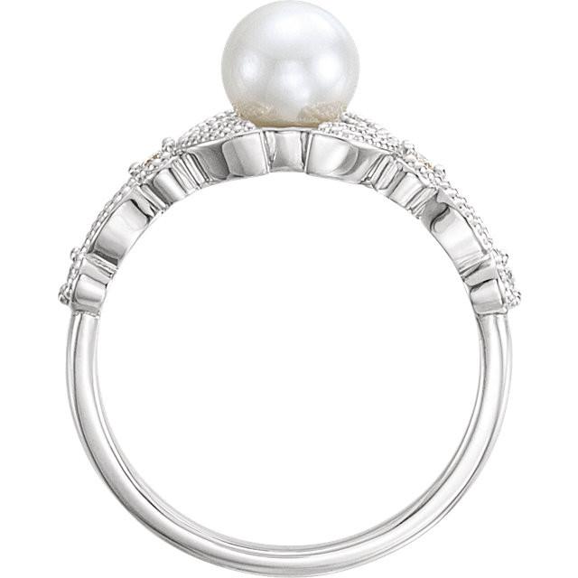 14K Yellow Freshwater Pearl & 1/8 CTW Diamond Leaf Ring - 14k Gold (Y, W or R), Platinum, Sterling Silver