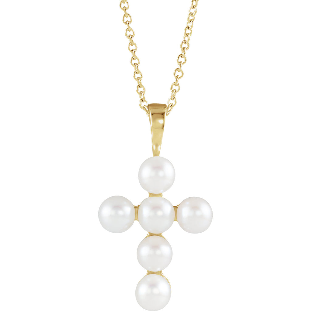 Freshwater Cultured Pearl Cross 16-18" Necklace - 14k Gold (Y, W or R), Platinum, Sterling Silver