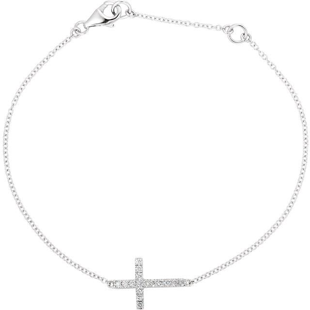 Cubic Zirconia Sideways Cross 8" Bracelet - Sterling Silver