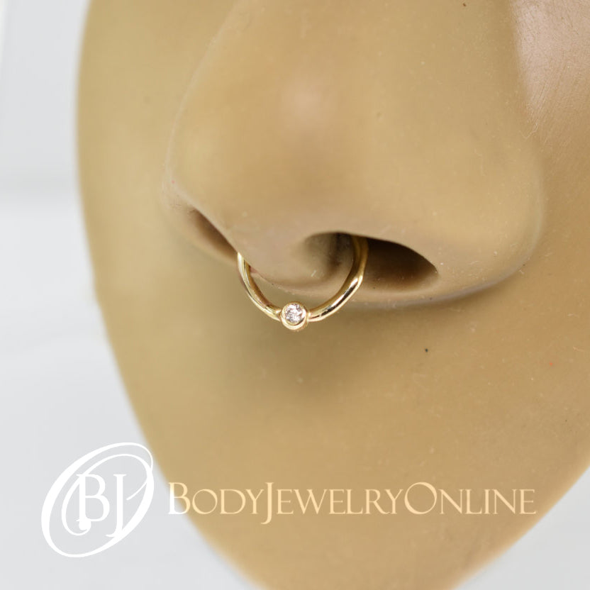 DIAMOND Septum Nose Ring Hoop 18 gauge - 14k SOLID Gold - Organic Shape 14k Yellow Gold Earring Helix Tragus Septum Cartilage 18 ga Sparkle