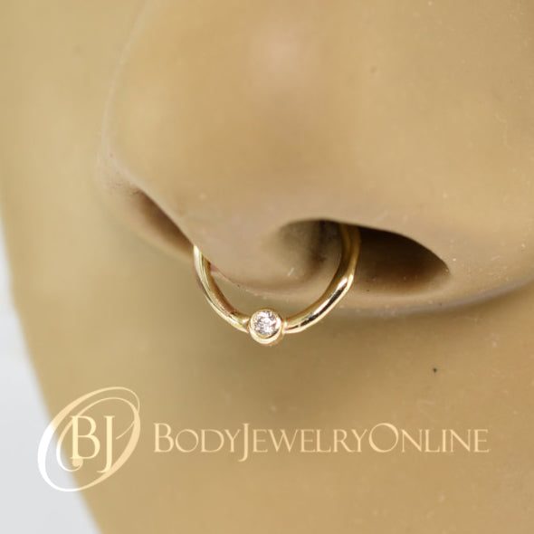 DIAMOND Septum Nose Ring Hoop 18 gauge - 14k SOLID Gold - Organic Shape 14k Yellow Gold Earring Helix Tragus Septum Cartilage 18 ga Sparkle