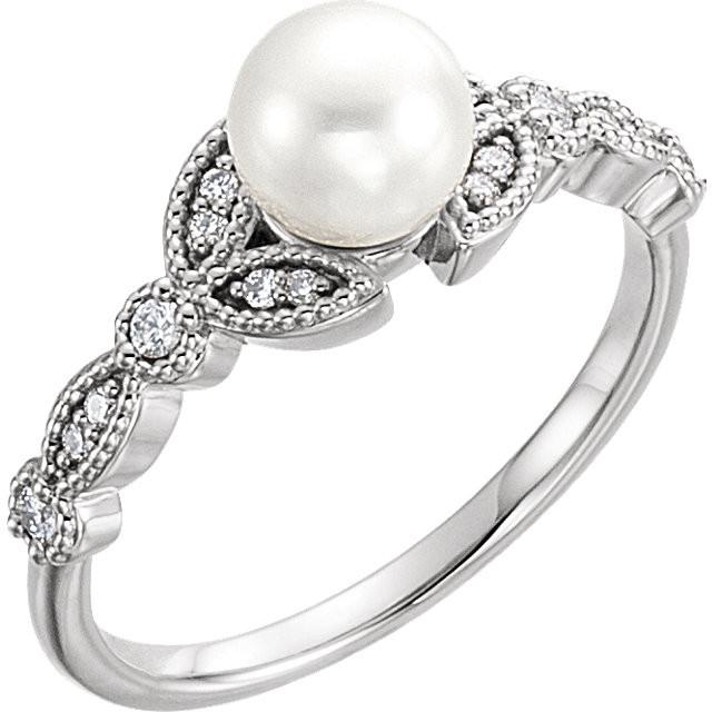14K Yellow Freshwater Pearl & 1/8 CTW Diamond Leaf Ring - 14k Gold (Y, W or R), Platinum, Sterling Silver