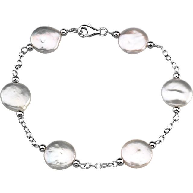 12-13mm Freshwater Cultured White Coin Pearl Station 7.5" Bracelet - Sterling Silver