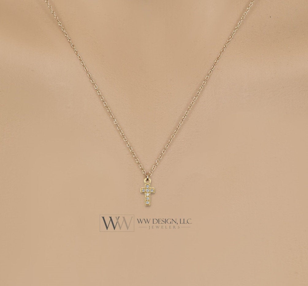 Diamond Cross Necklace 0.025 ctw Tiny Small Pendant 14k Solid Gold, 14k Rose Gold, 14k White 8mm x 3.75mm Religious charm -Dainty VERY SMALL