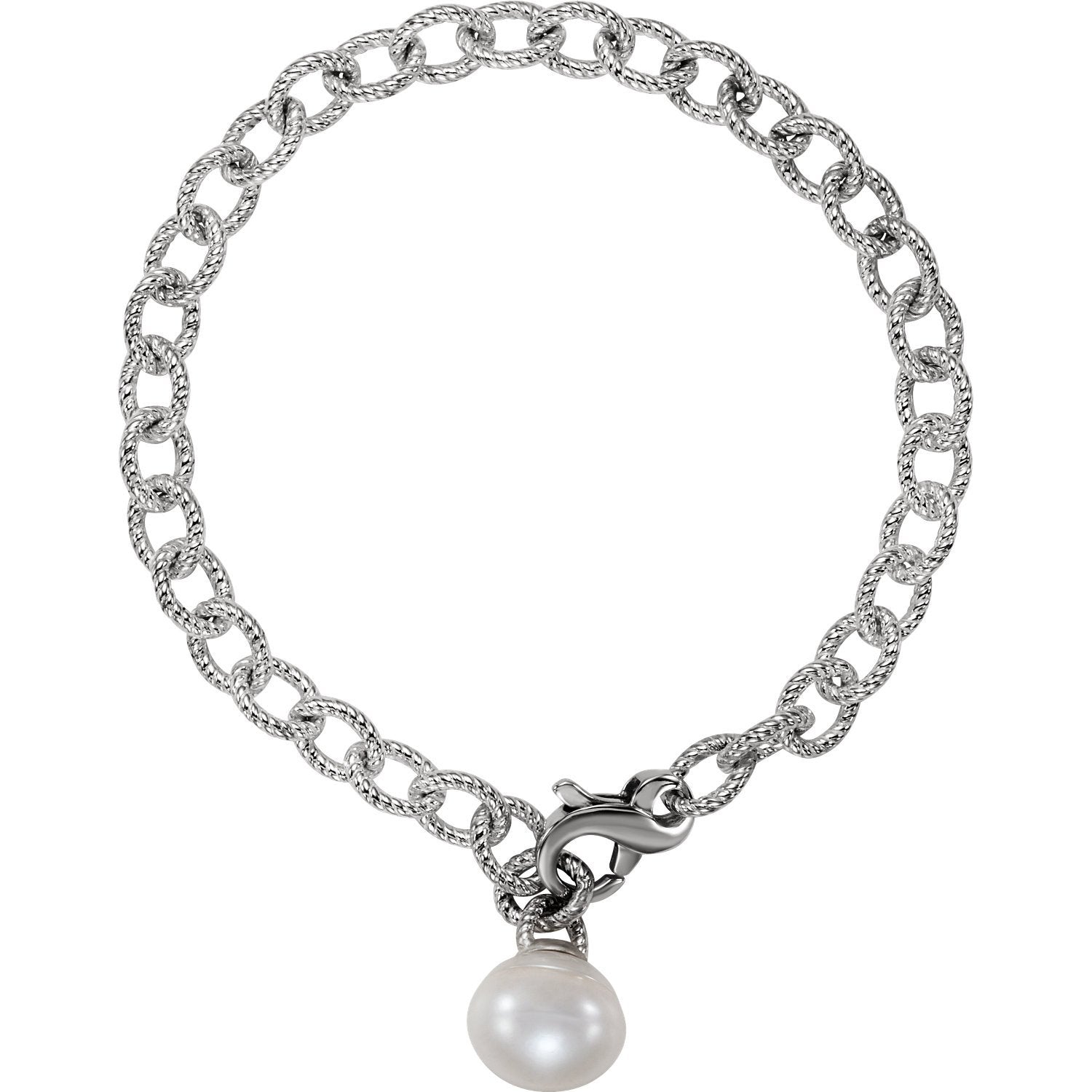 Rope Link Dangling Pearl Bracelet 8.5 Inches - Sterling Silver