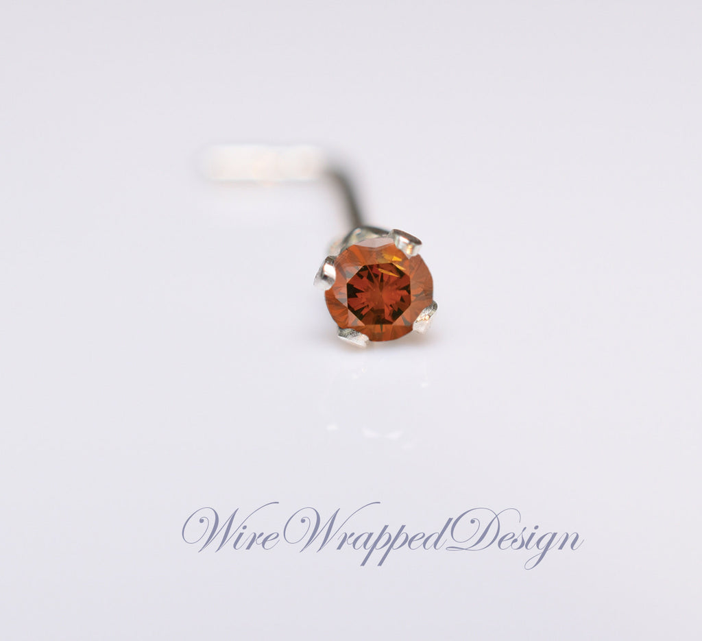 Orange Diamond Nose Stud 2mm - Post w/ 14k Solid Yellow or White Gold or Sterling Silver - Helix Tragus Lobe Lip Cartilage