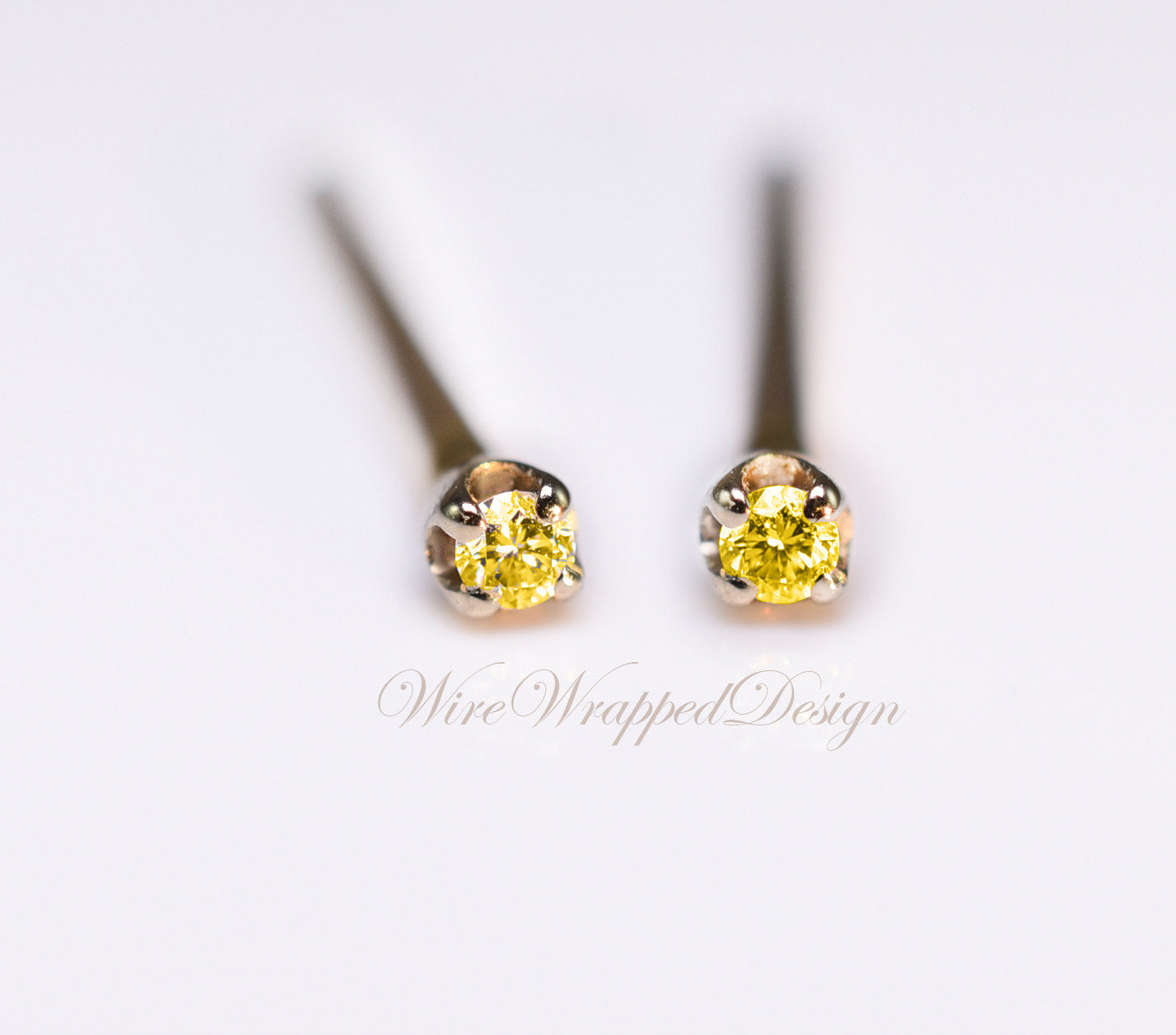 Genuine Canary Yellow DIAMOND Earring Studs 1.3mm 0.02tcw Post 14k Solid Gold (Yellow, Rose or White), Platinum, Silver Lobe Cartilage Helix