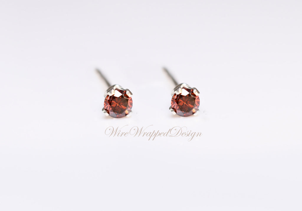 Genuine RED DIAMOND Earring Studs 2mm 0.08tcw Post 14k Solid Gold (Yellow, Rose or White), Platinum, Silver Lobe Cartilage Helix Tragus