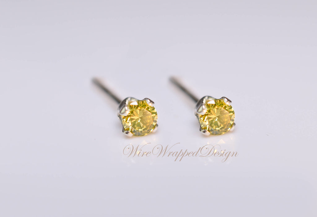 Genuine CANARY Yellow DIAMOND Earring Studs 2mm 0.08tcw Post 14k Solid Gold (Yellow, Rose or White), Platinum, Silver Cartilage Helix Tragus