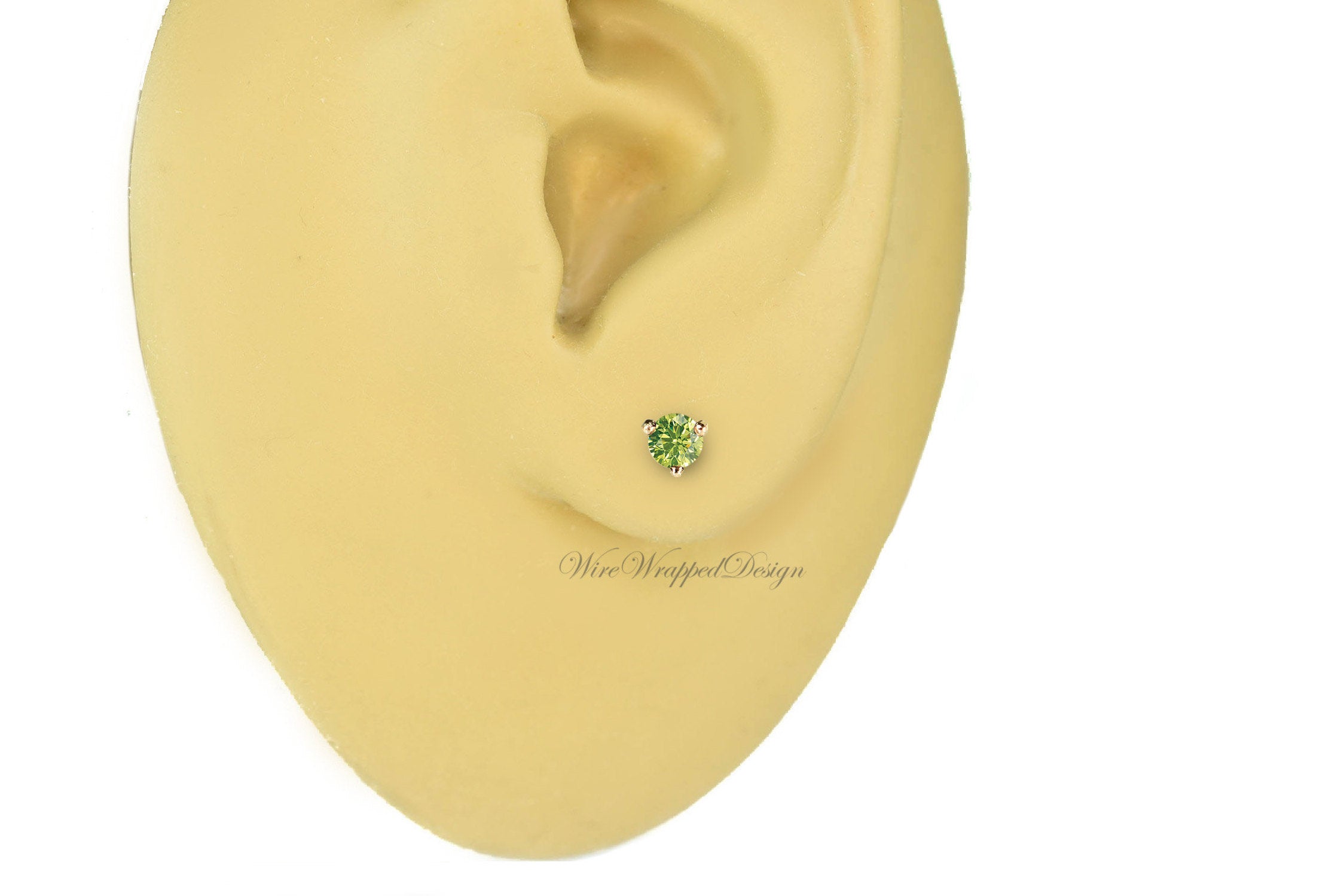 PAIR Genuine GREEN DIAMOND Earrings Studs 3mm 0.2tcw Martini 14k Solid Gold (Yellow, Rose or White), Platinum, Silver Cartilage Helix Tragus