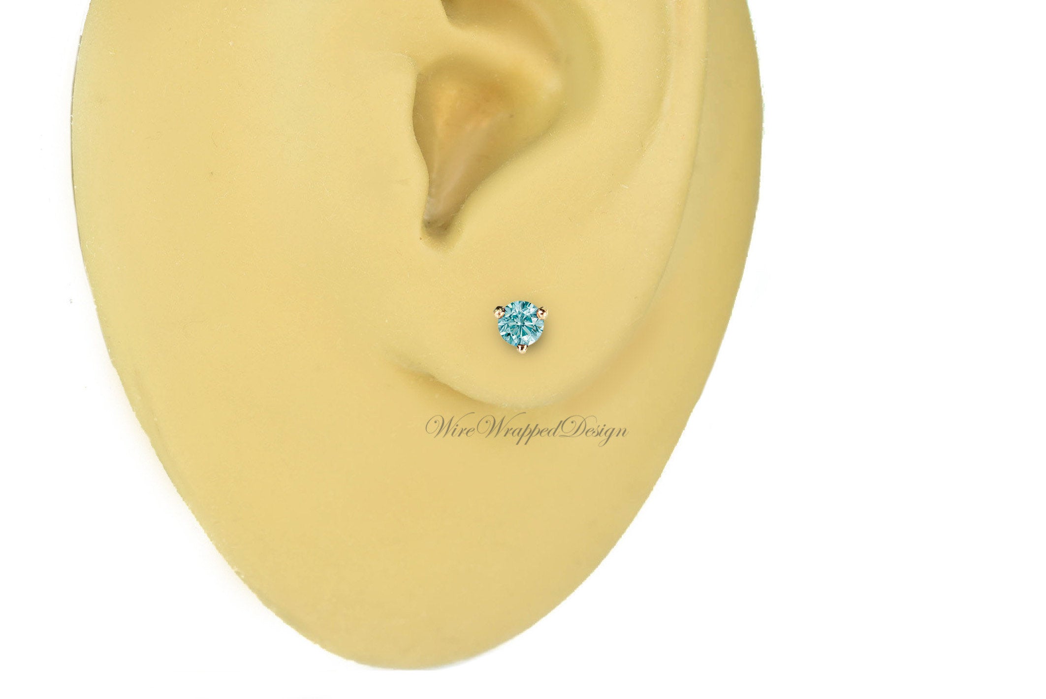 PAIR Genuine Aqua BLUE DIAMOND Earrings Studs 3mm 0.2tcw Martini 14k Solid Gold (Yellow, Rose, White) Platinum Silver Cartilage Helix Tragus