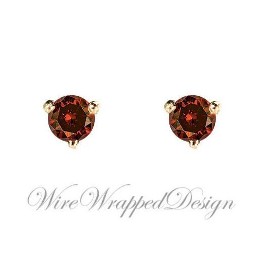 PAIR Genuine Dark ORANGE DIAMOND Earring Studs 3mm 0.2tcw Martini 14k Solid Gold (Yellow, Rose,White) Platinum Silver Cartilage Helix Tragus