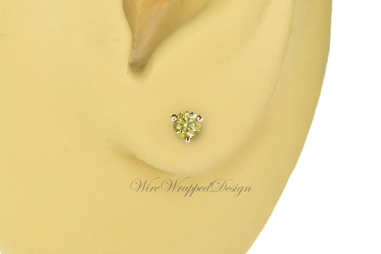PAIR Genuine CANARY Yellow DIAMOND Earrings Studs 3mm 0.2tcw Martini 14k Solid Gold Yellow/Rose/White Platinum Silver Cartilage Helix Tragus