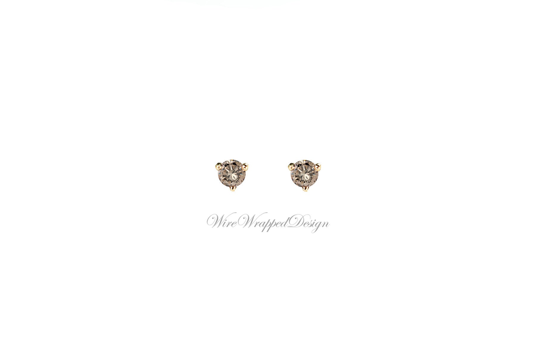 PAIR Genuine CHAMPAGNE DIAMOND Earrings Studs 3mm 0.2tcw Martini 14k Solid Gold (Yellow, Rose, White) Platinum Silver Cartilage Tragus Brown