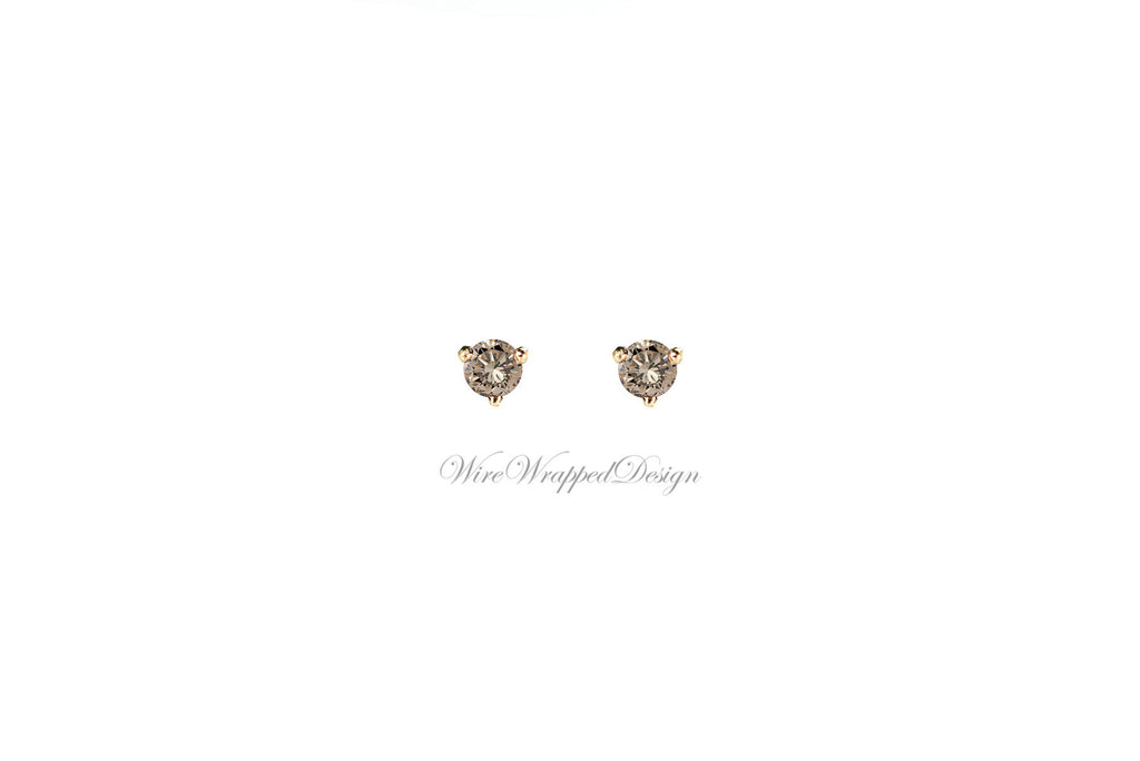 PAIR Genuine CHAMPAGNE DIAMOND Earrings Studs 3mm 0.2tcw Martini 14k Solid Gold (Yellow, Rose, White) Platinum Silver Cartilage Tragus Brown