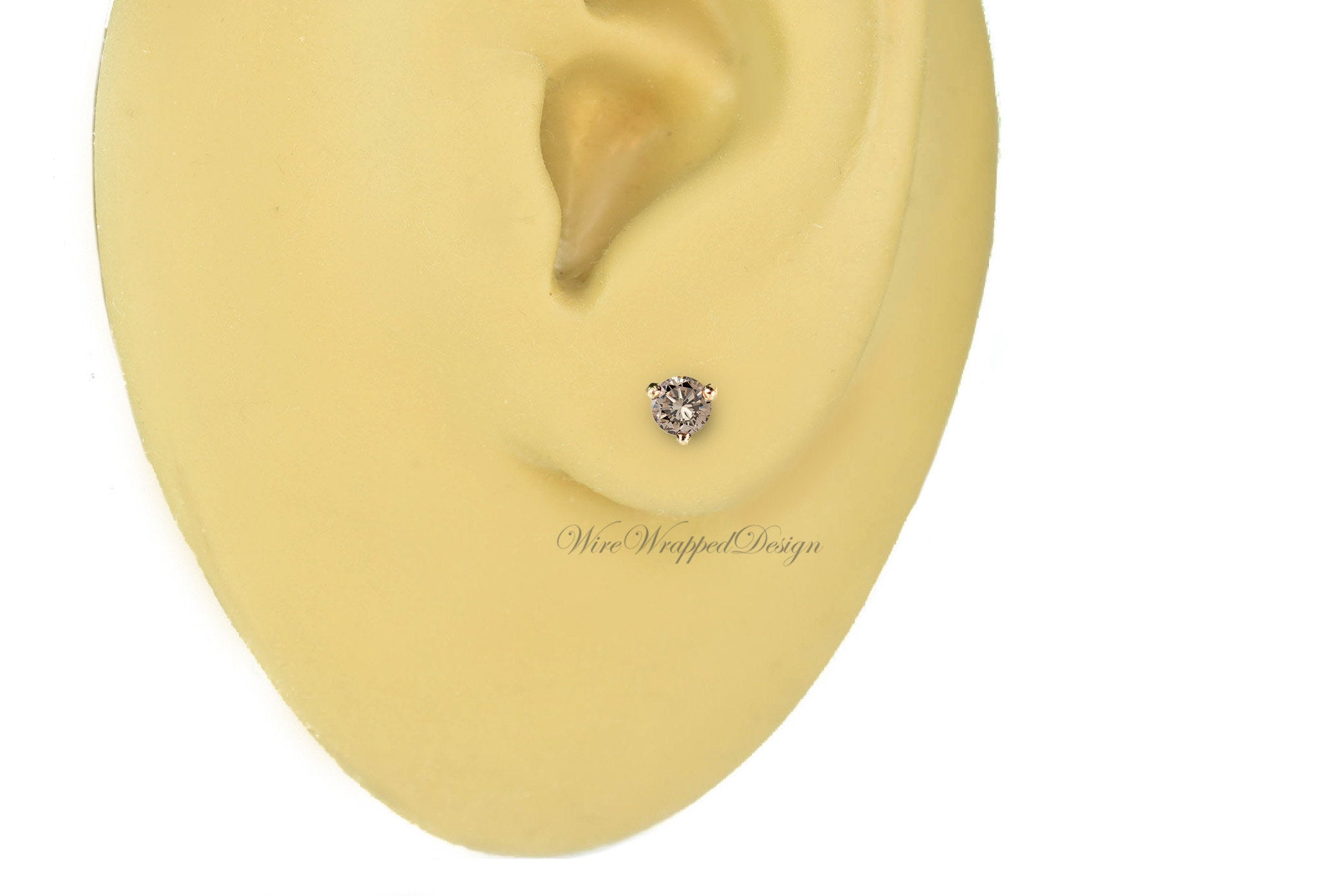 PAIR Genuine CHAMPAGNE DIAMOND Earrings Studs 3mm 0.2tcw Martini 14k Solid Gold (Yellow, Rose, White) Platinum Silver Cartilage Tragus Brown
