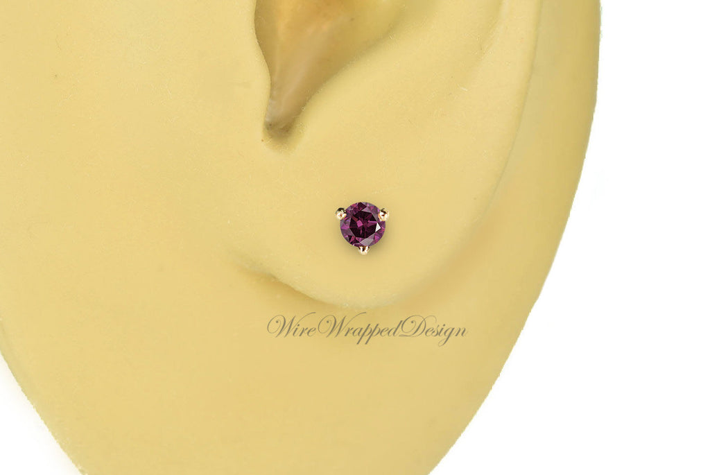 PAIR Genuine PURPLE DIAMOND Earrings Studs 3mm 0.2tcw Martini 14k Solid Gold (Yellow, Rose or White) Platinum, Silver Cartilage Helix Tragus
