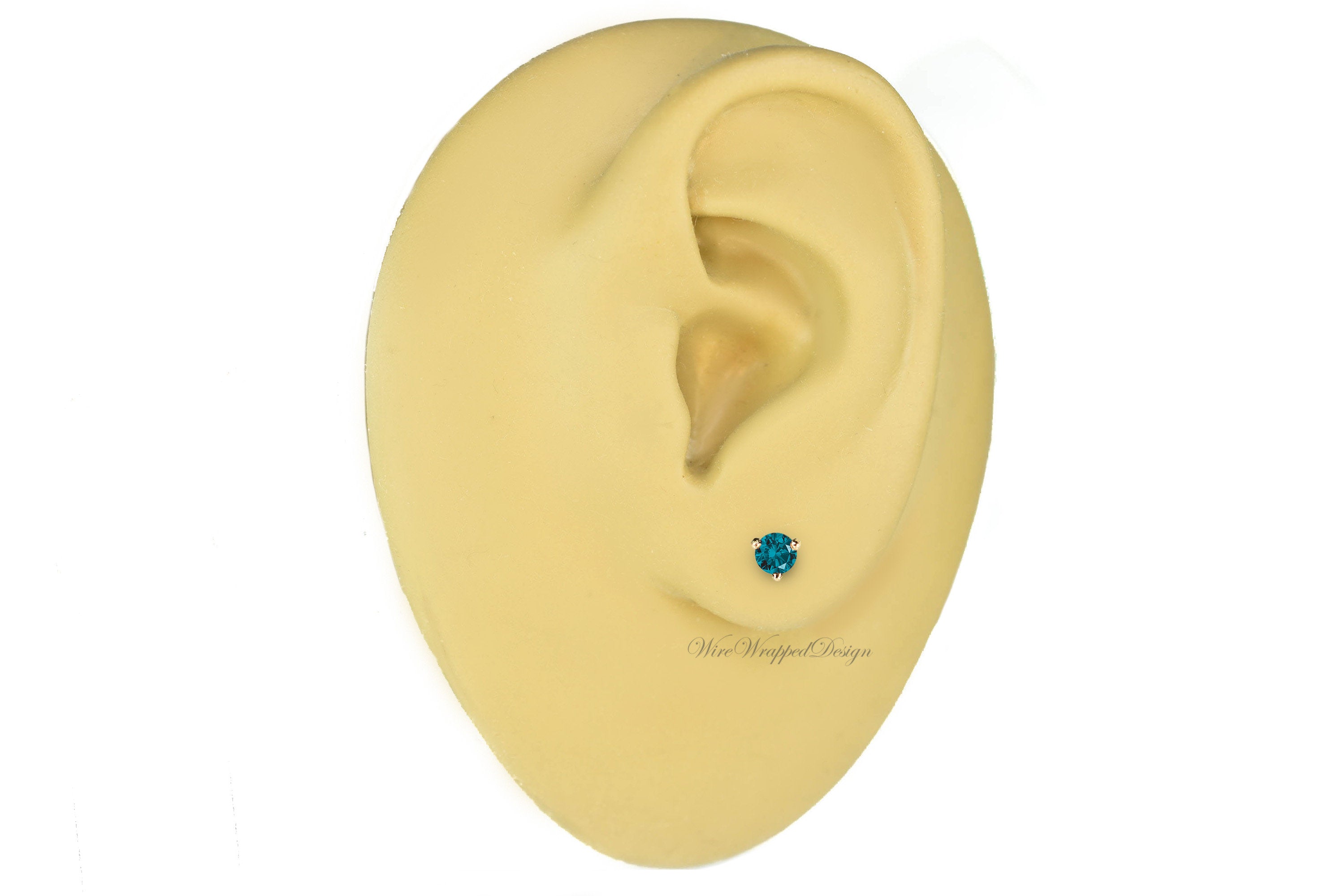 PAIR Genuine Teal BLUE DIAMOND Earrings Studs 3mm 0.2tcw Martini 14k Solid Gold (Yellow, Rose, White) Platinum Silver Cartilage Helix Tragus