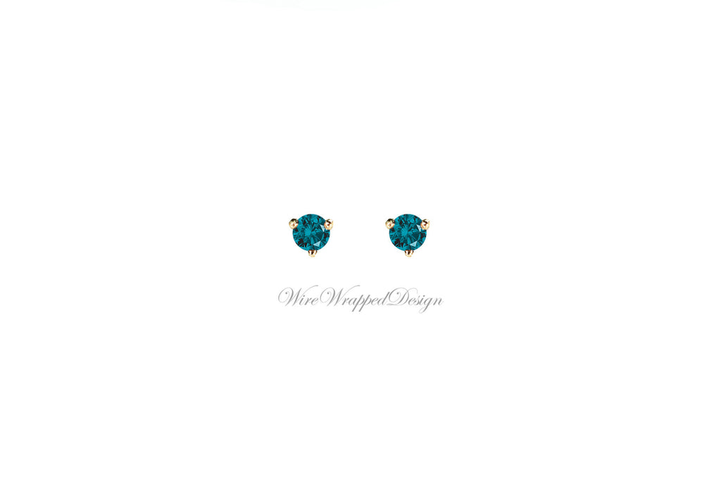 PAIR Genuine Teal BLUE DIAMOND Earrings Studs 3mm 0.2tcw Martini 14k Solid Gold (Yellow, Rose, White) Platinum Silver Cartilage Helix Tragus