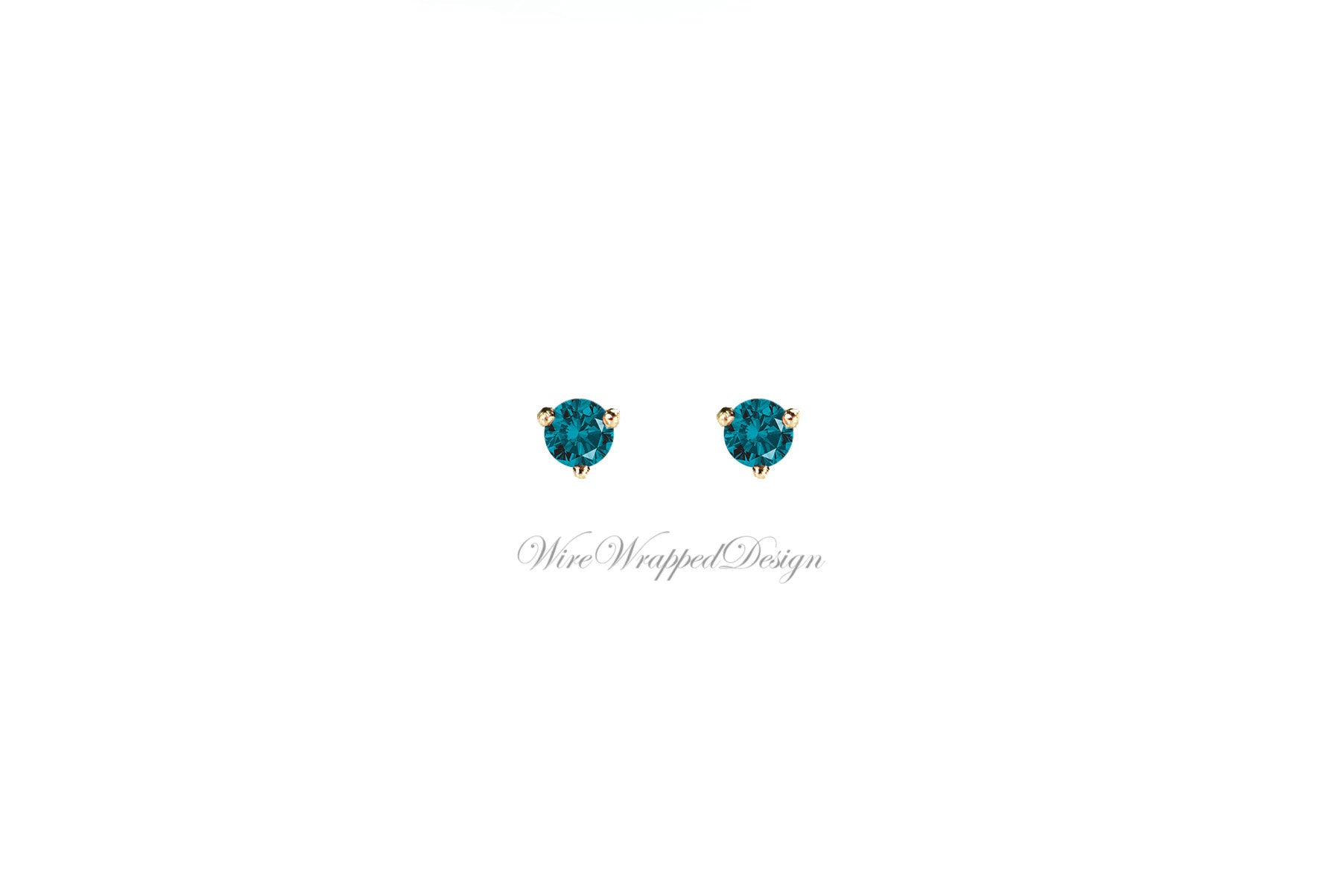 PAIR Genuine Teal BLUE DIAMOND Earrings Studs 2.5mm 0.12tcw Martini 14k Solid Gold (Yellow, Rose, White) Platinum Silver Cartilage Helix