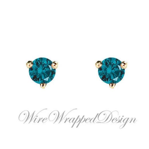 PAIR Genuine Teal BLUE DIAMOND Earrings Studs 3mm 0.2tcw Martini 14k Solid Gold (Yellow, Rose, White) Platinum Silver Cartilage Helix Tragus