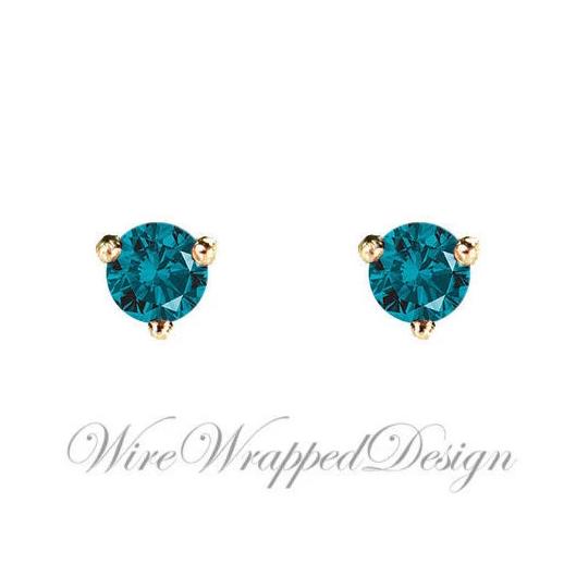 PAIR Genuine Teal BLUE DIAMOND Earrings Studs 2.5mm 0.12tcw Martini 14k Solid Gold (Yellow, Rose, White) Platinum Silver Cartilage Helix