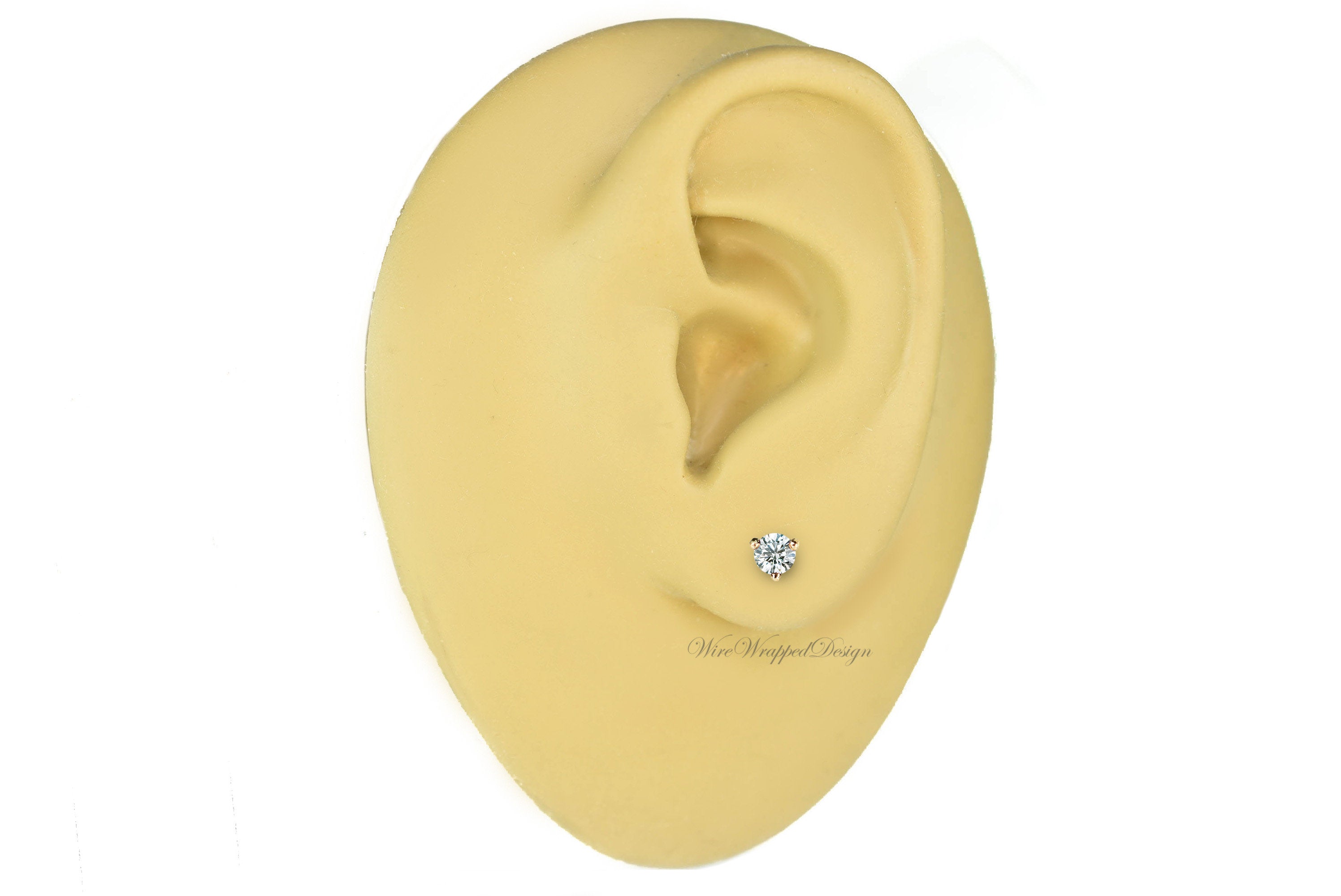 Genuine F+ VS DIAMOND Earring Studs 3mm 0.20tcw (each 0.1cts) Post w/ 14k Solid Gold (Yellow, Rose, White), Silver, Platinum Lobe Cartilage