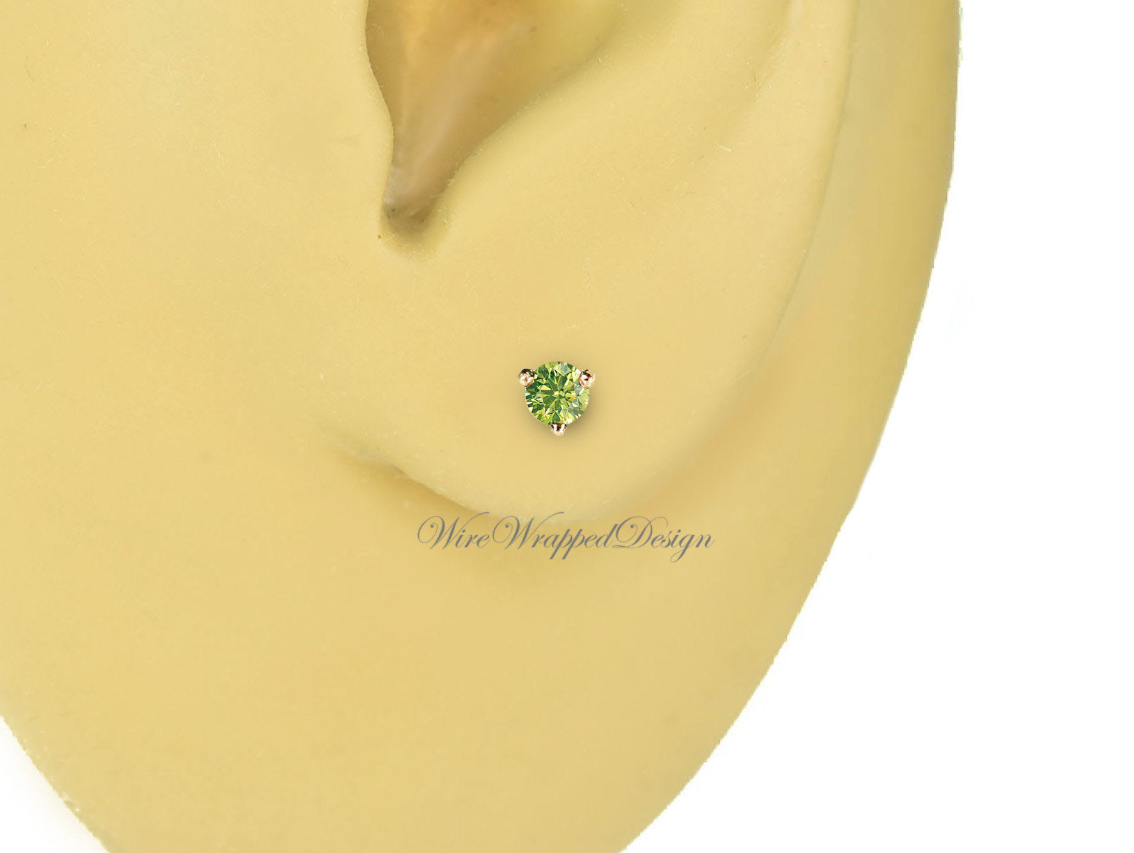 PAIR Genuine GREEN DIAMOND Earrings Studs 2.5mm 0.12tcw Martini 14k Solid Gold (Yellow, Rose, White) Platinum, Silver Cartilage Helix Tragus