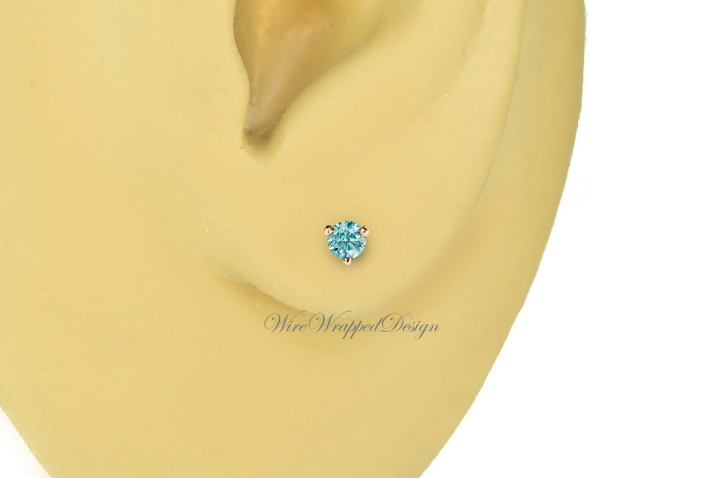 PAIR Genuine Aqua BLUE DIAMOND Earrings Studs 2.5mm 0.12tcw Martini 14k Solid Gold (Yellow, Rose, White) Platinum Silver Cartilage Helix